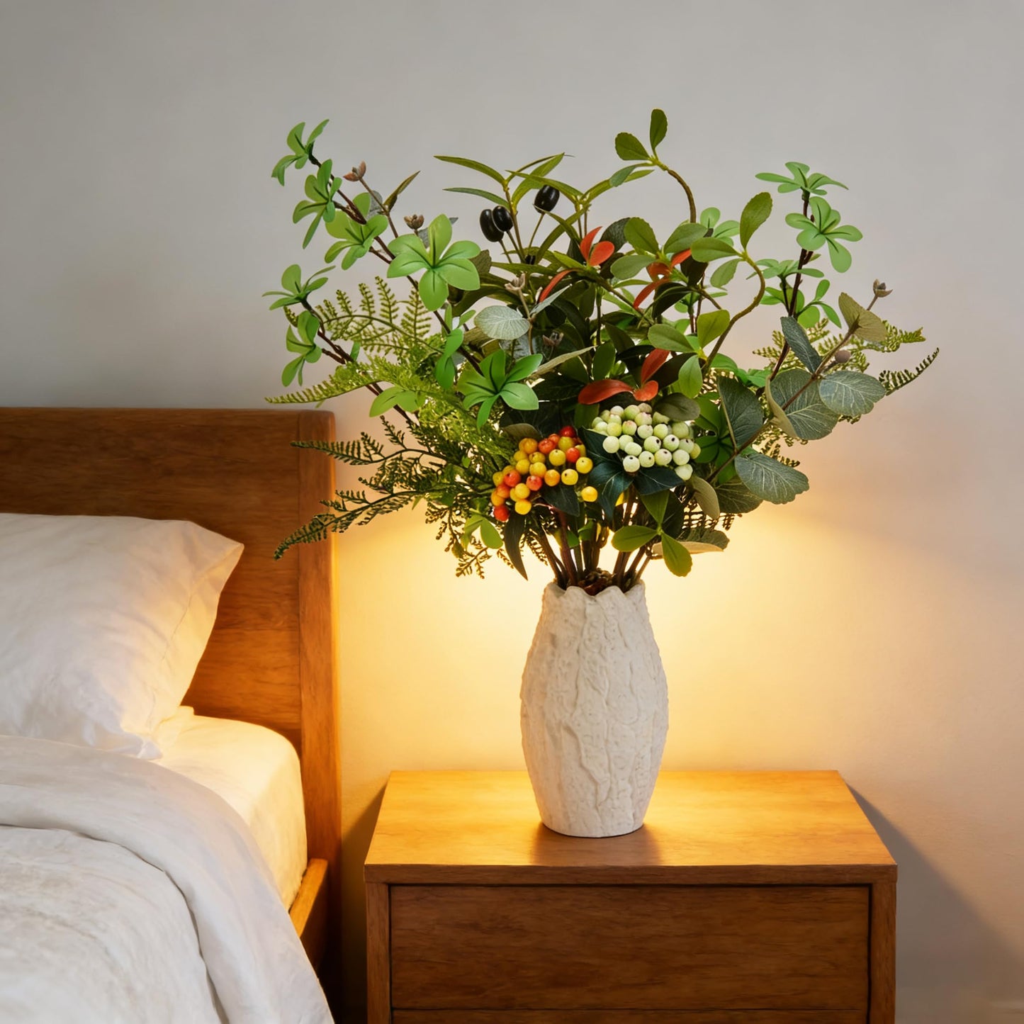 K&Y Realistic Artificial Potted Plants Olive Wild Fern Berry Decor Low Maintenance Faux Greenery Indoor Fake Plants for Home Office Bathroom Kitchen Desk Shelf No Watering Needed (White Vase)