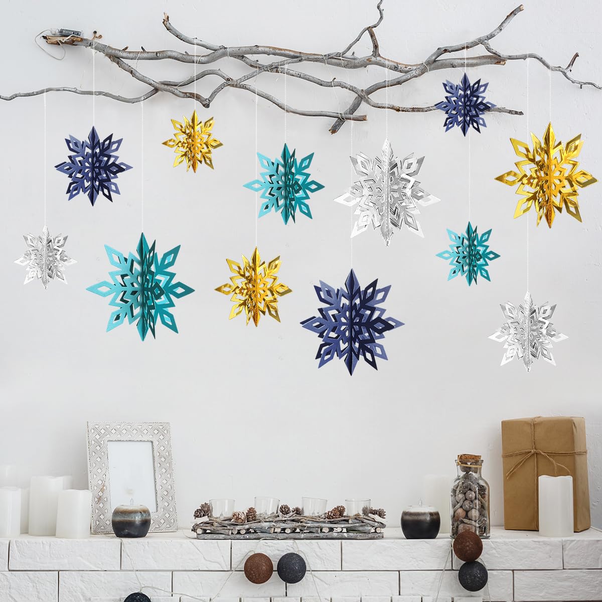Winter Snowflake Hanging Decorations - 3D Large Blue Snowflakes Paper Hanging Garland for Christmas Winter Wonderland Holiday New Year Party Home Decoration 12PCS (Blue&Light Blue)