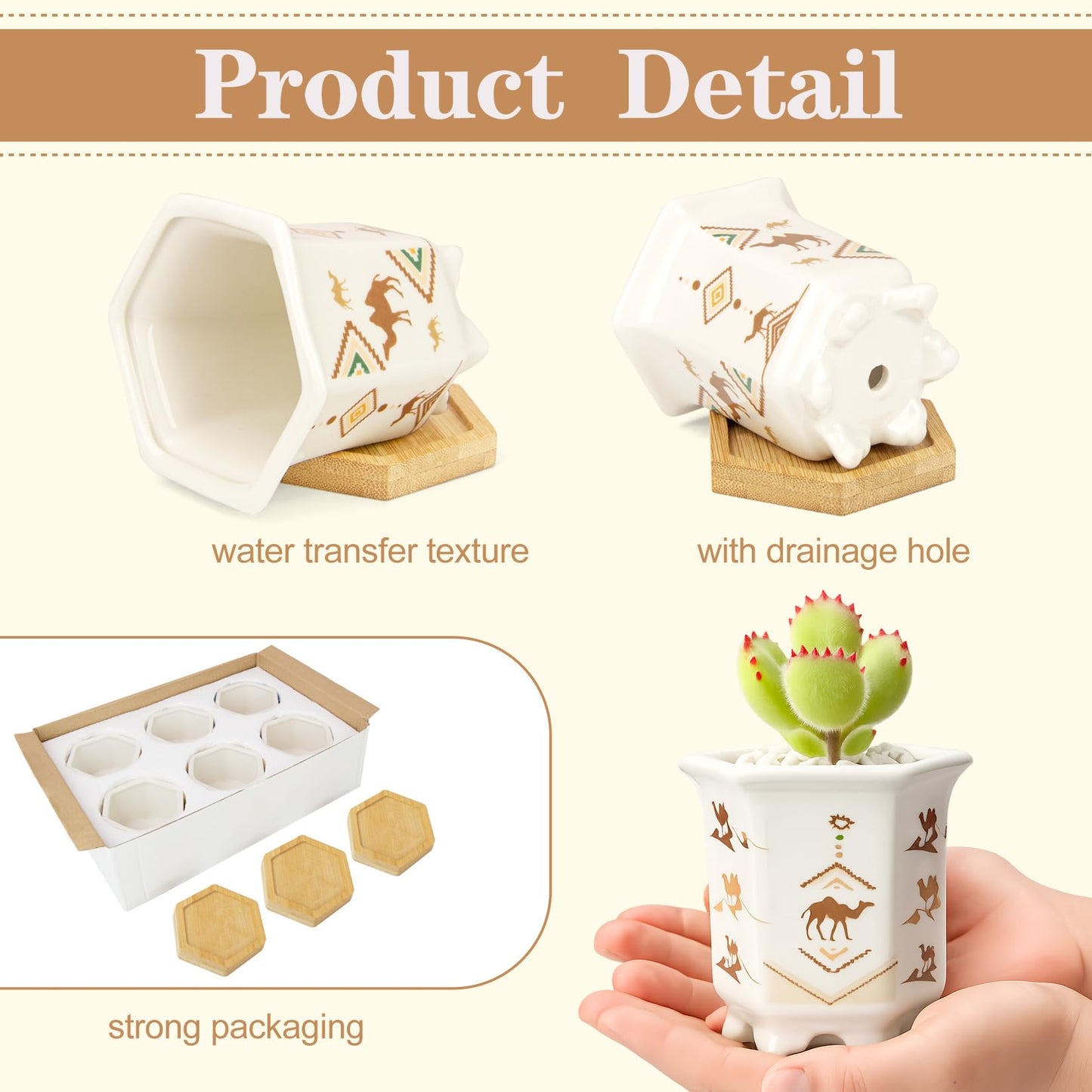 Succulent Pots 6 Pack, Small 3.3 Inch Cactus Pots with Drainage and Bamboo Tray, Ceramic Plant Pots for Succulents, Small Planters for Indoor Plants, Mini Flower Pots