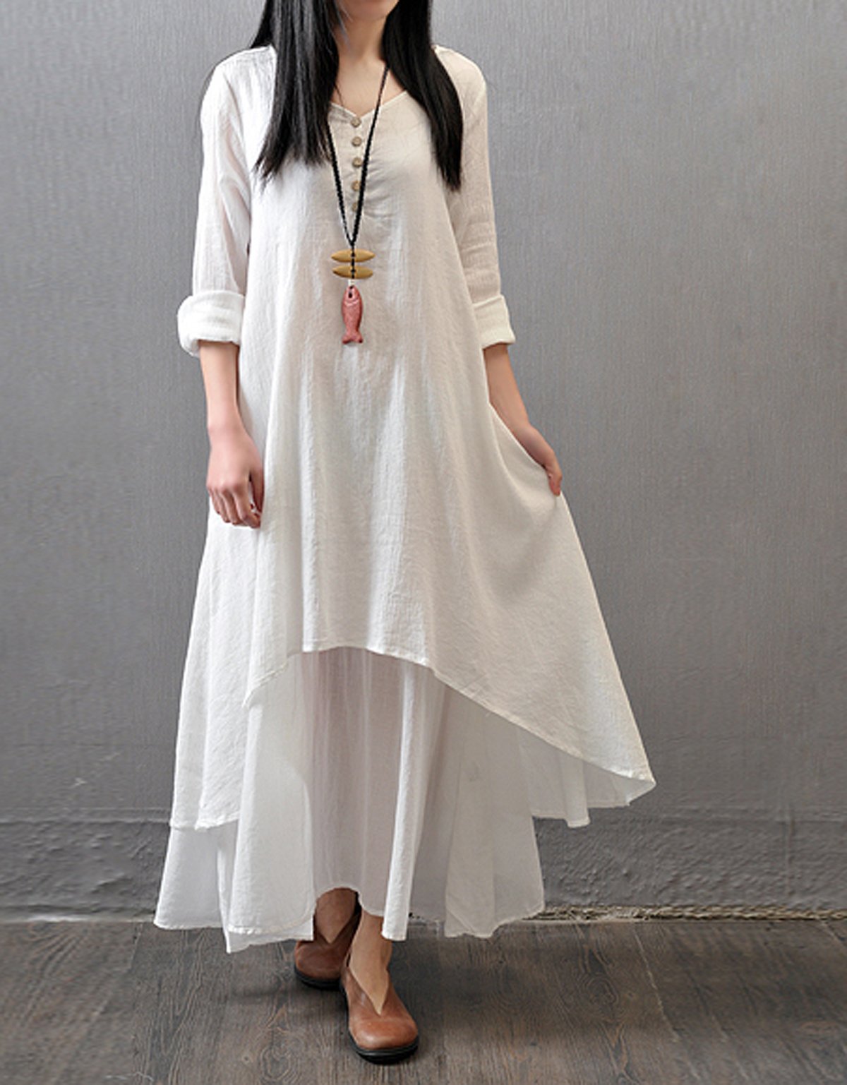 R.Vivimos Women Long Sleeve Cotton Casual Loose Plus Size Irregular Long Dresses