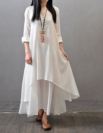 R.Vivimos Women Long Sleeve Cotton Casual Loose Plus Size Irregular Long Dresses