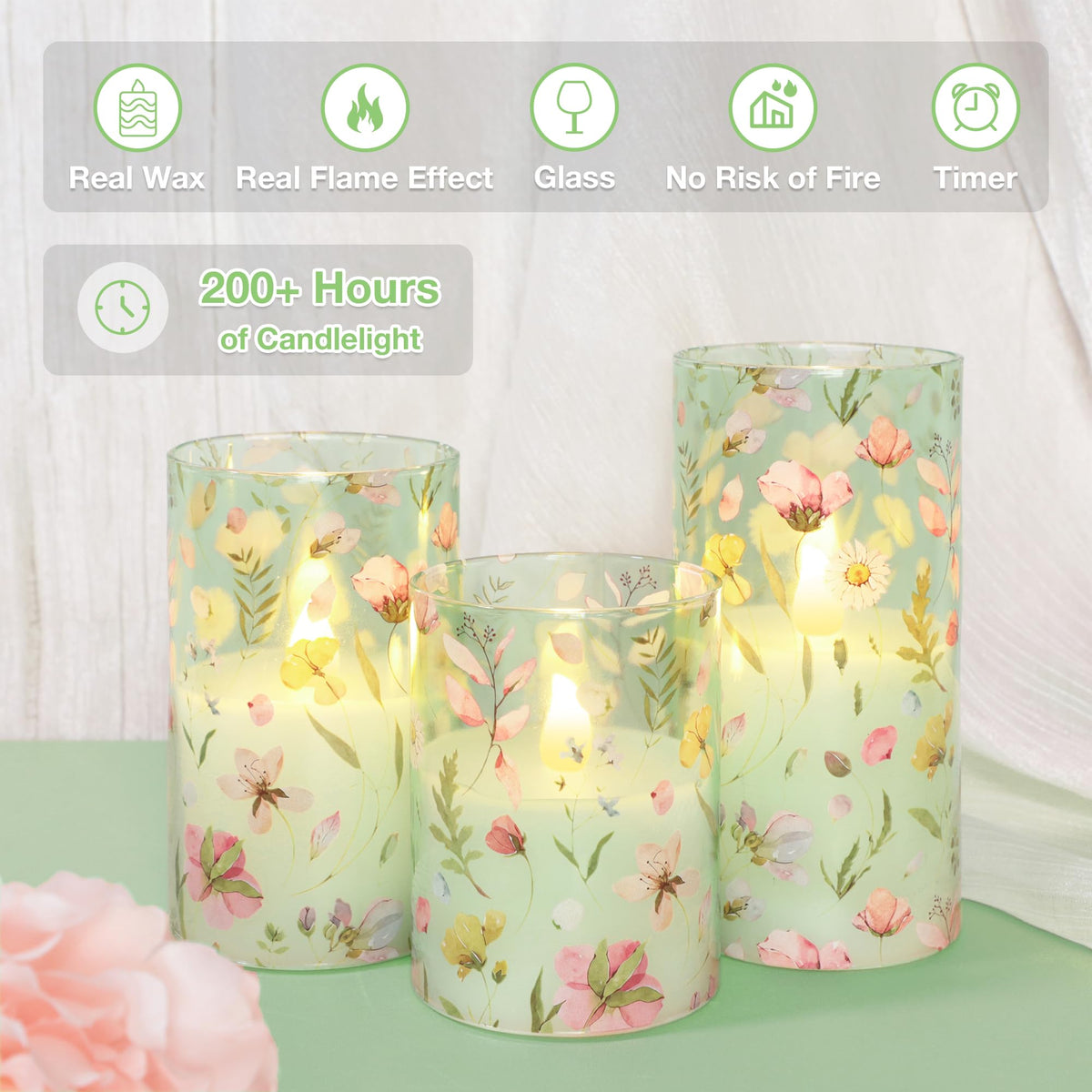 Silverstro Flameless Candles with Remote Timer, Glass Battery Operated LED Candles, Green Floral Design, Cylindrical Shape, Set of 3 for Home Party Wedding Decor