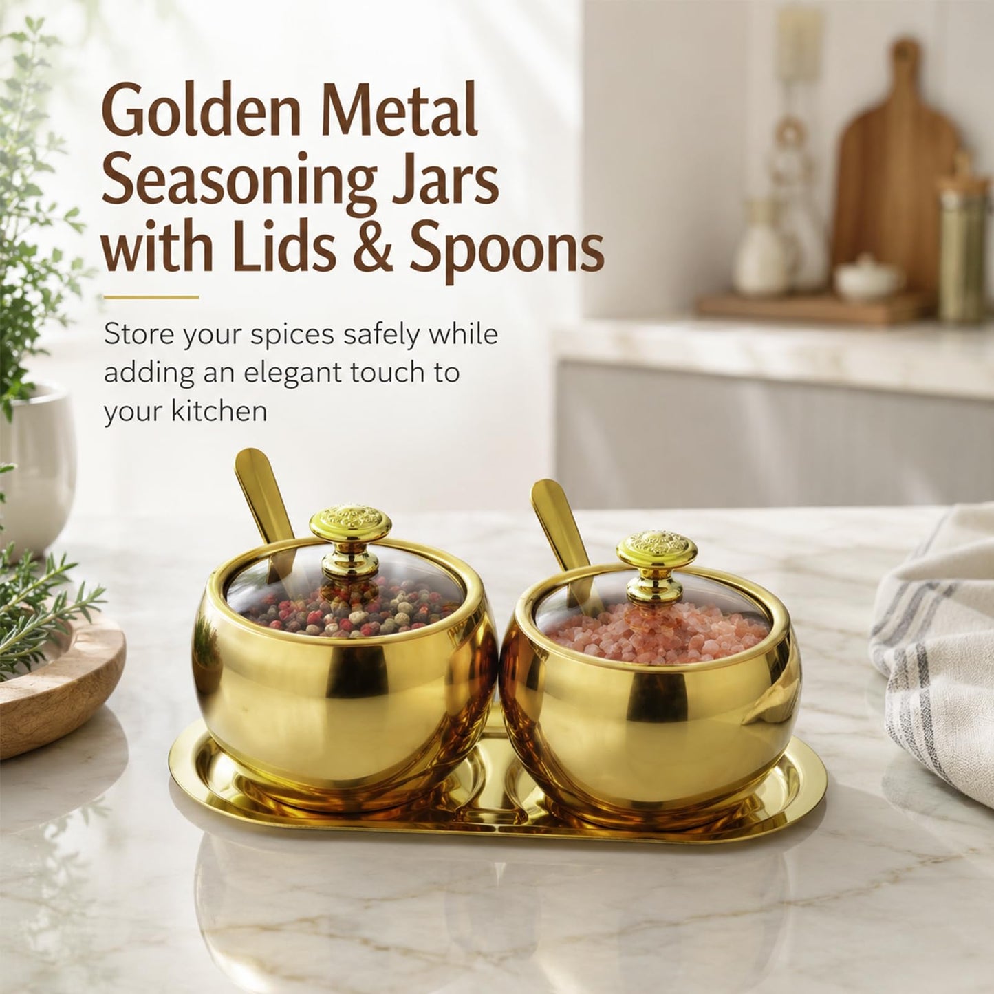 Toyosport 2 Pcs Stainless Steel Seasoning Jars with Tray, Spherical Sugar Container with Spoon & Clearn Lid for Salt, Pepper, 3.15 in Mouth, 3.54 in High, Coffee Bar Accessories, Gold