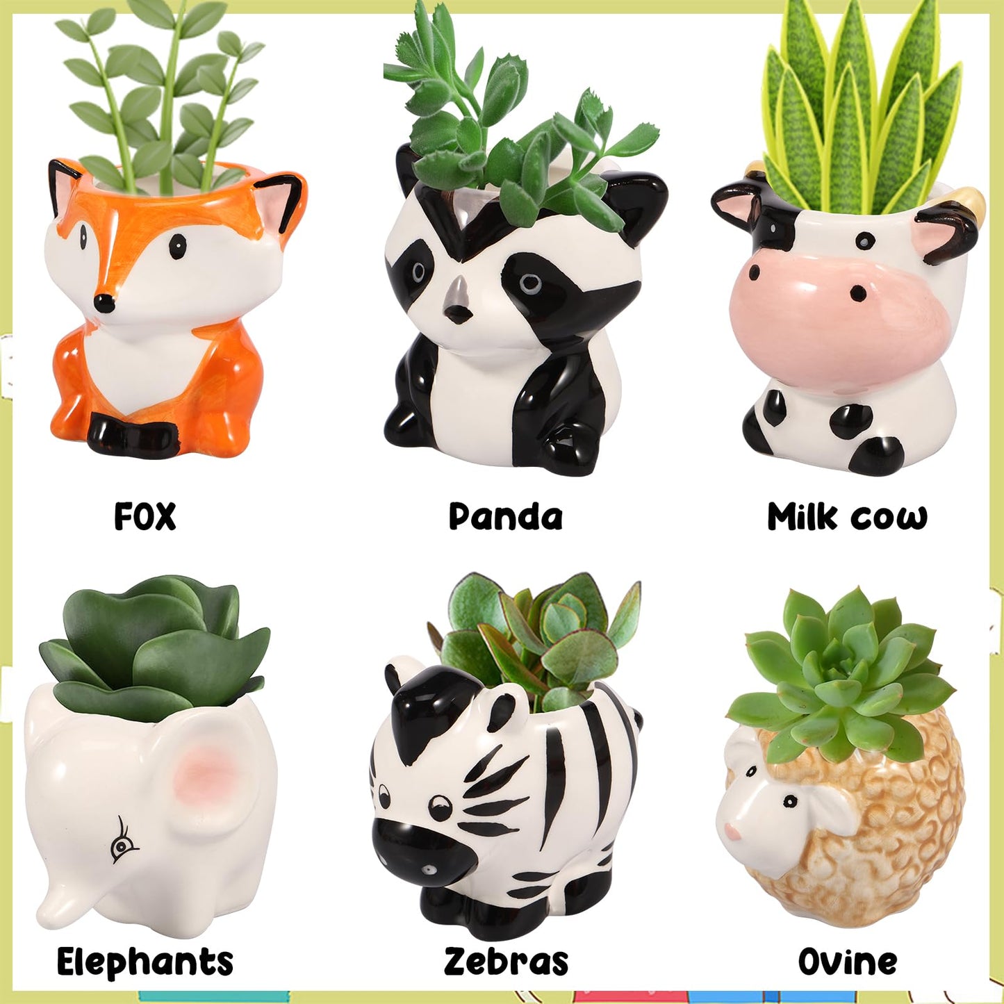 KTZCTPCA 6Pcs Animal Ceramics Planter, 3" Cartoon Ceramic Succulent Pots with Drain Holes and Bamboo Tray, Ceramics Planter Cute Animal Ceramic Succulent Pots Flower Container for Succulents, Herbs