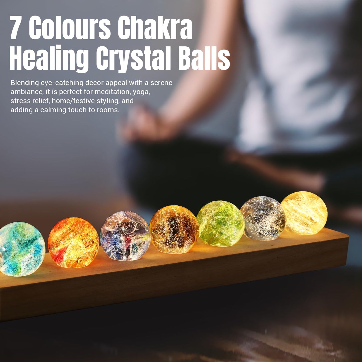 LOSCHEN 7 Chakra Natural Healing Spheres with LED Wooden Stand 40mm Crystal Quartz Stones for Meditation Energy Balancing Decor, Yoga Zen Home Office Desk Ornament