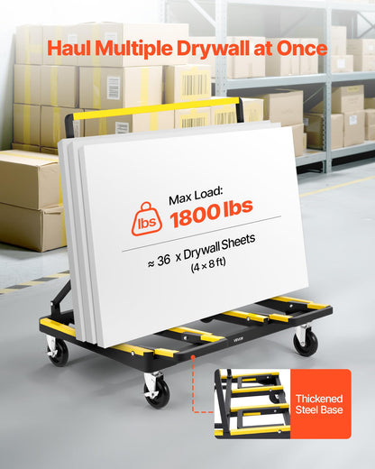 VEVOR Drywall Cart Dolly, 1800 lbs Load Capacity, Steel Panel Dolly with 4 Swivel Casters & Expandable Deck, Foldable Panel Truck Cart with Tie-Down Strap for Handling Plywood, Plasterboard, Glass
