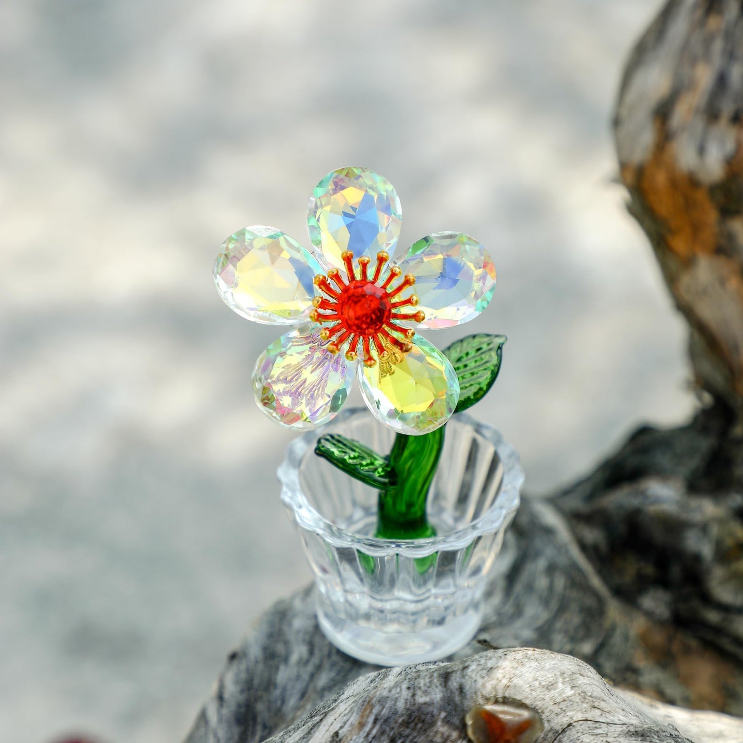 KRISININE Crystal Peach Blossom Mini Ornament Figurine 2.9 * 1.5in Glass Flower Decoration for Home Office for Mom
