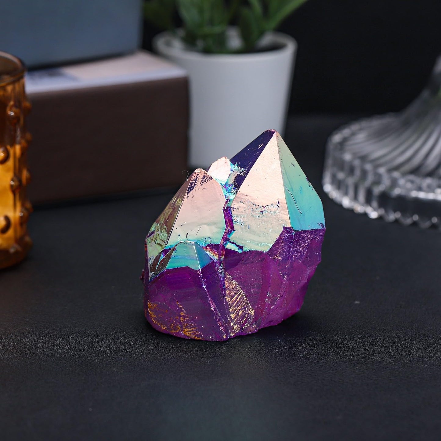 dssmboom Irregularly Single Pointed Purple AB Titanium Coated Rock Quartz Cluster Mineral Specimen, Reiki Healing Rock Crystal Geode for Stone Collection and Home Decor, Purple
