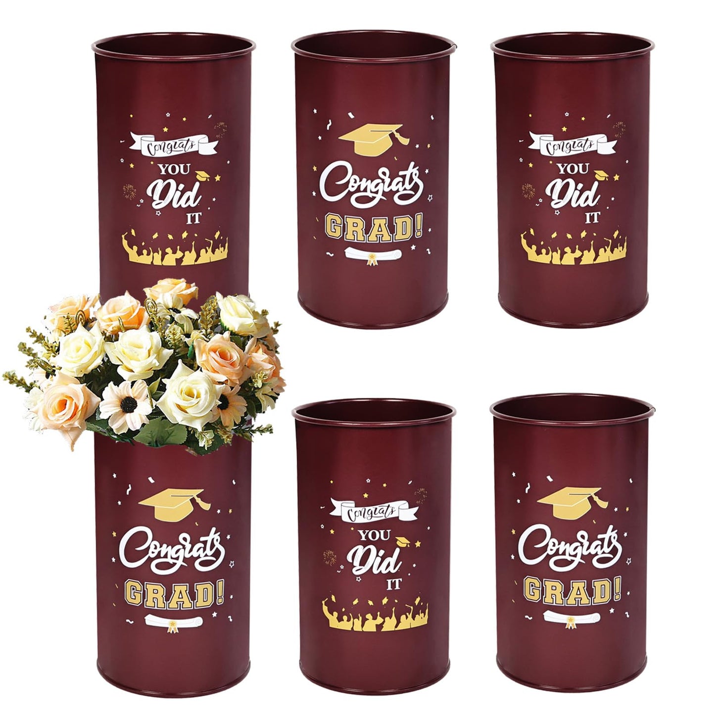 Pack of 6 Graduation Centerpieces Vase for Tables 2026, Galvanized Metal Tin Holder for Flowers Grad Caps Utensil, Congrats Grad Mason Jars for Home Party Decorations Supplies, Reddish Brown