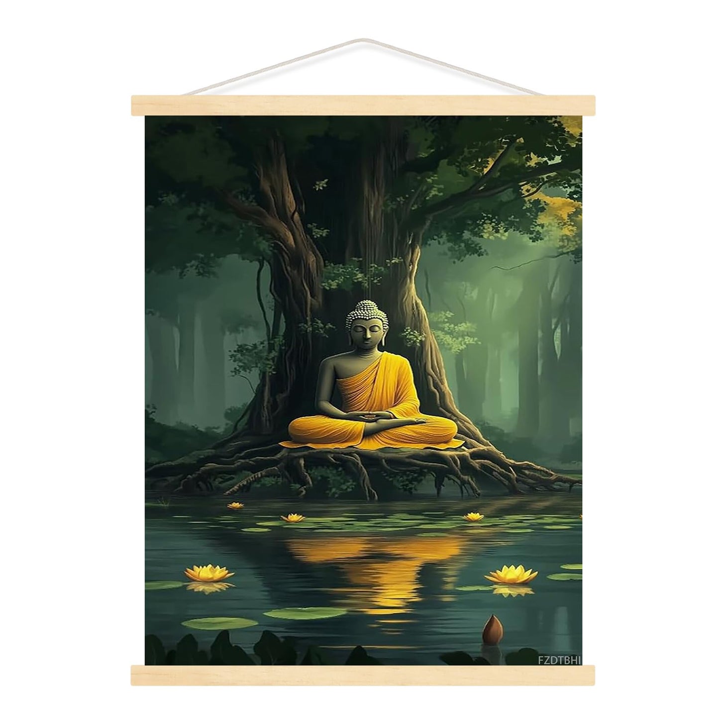 Buddha Canvas Wall Art, Buddha in the Green Jungle Painting Print Poster, Zen Statue Art Pictures Artwork, Meditation Buddhism Wall Decor for Yoga Room, Living Room Framed, 12x16inch