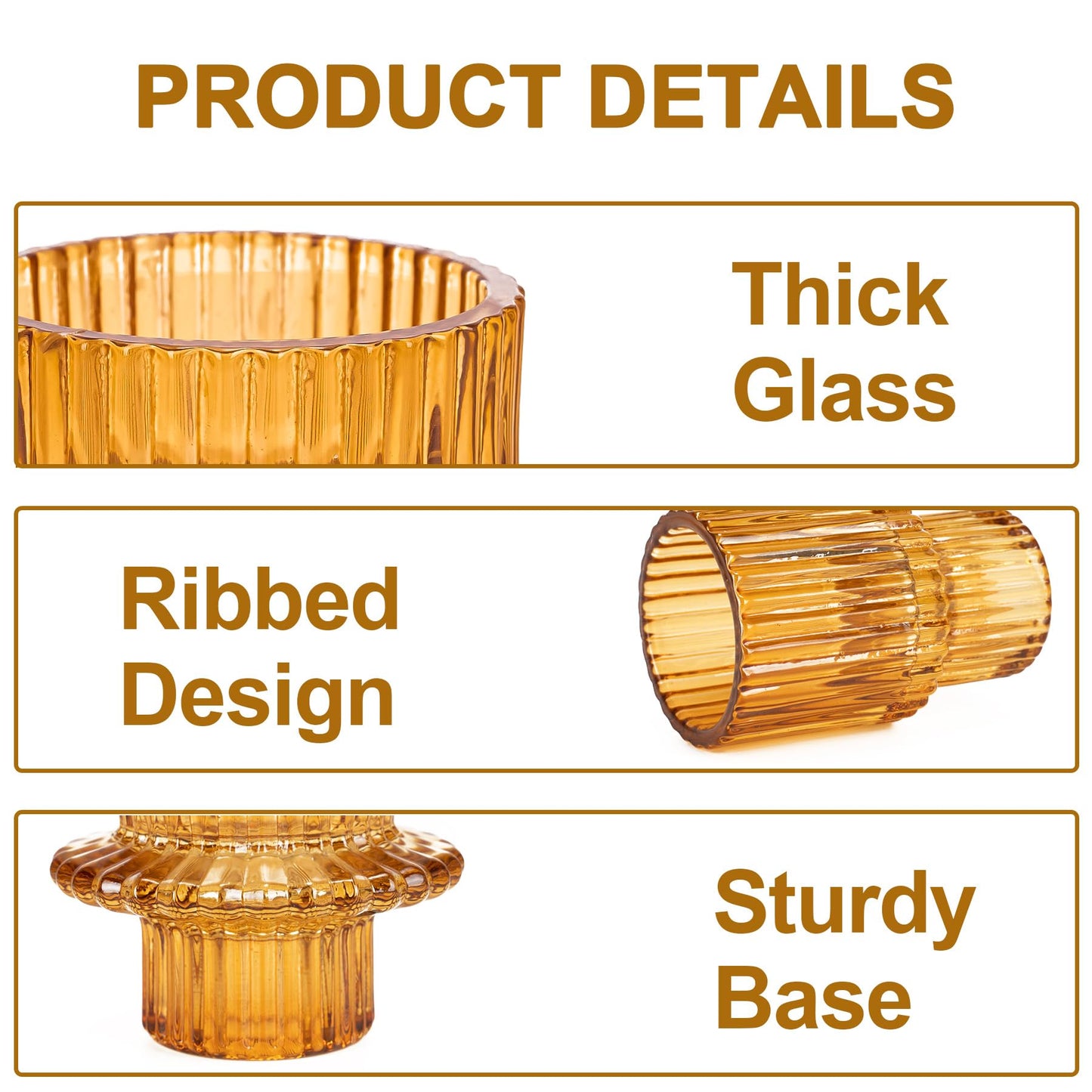 Toptime Candlestick Holders Set of 6, Ribbed Glass Taper Candle Holders, Reversible Amber Tealight & Candle Stick Candle Holder Vintage Crystal Tapered Candlestick for Wedding Dinner Party Festival