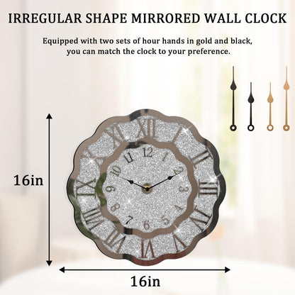 FEUFOAM Crushed Diamond Mirrored Wall Clock Silver Modern Crystal Clocks for Bedroom Unique Home Decorative Glass Mirror Hanging Clock for Living Room Office Dining Decor