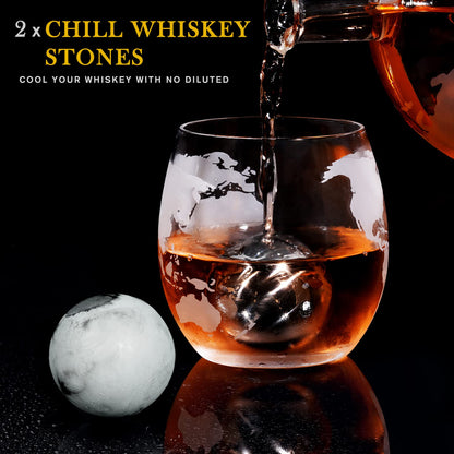 PONPUR Gifts for Men Dad Valentines Day, Whiskey Decanter Globe Set with 2 Ball Stones & 2 Glasses, Anniversary Birthday Gifts for Him Husband Boyfriend Brother, Cool Stuff Gift for Bourbon Scotch