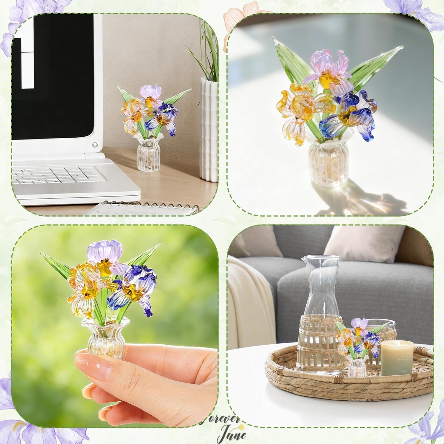 Lovmeety Mini Glass Flowers with Vase, Handmade Crystal Flowers Decor Iris Flower Arrangements Glass Flower Bouquet for Home Office Shelf Table Centerpiece Gift for Women