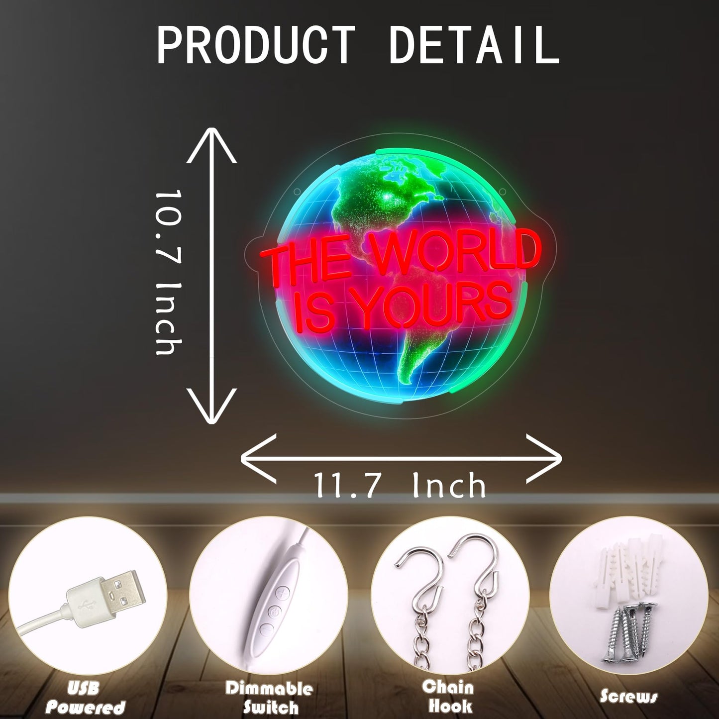 The World Is Yours Neon Sign, LED Wall Sign for Bedroom, Game Room & Bar Decor, Bright Acrylic Neon Sign for Parties, Modern Neon Signs for Wall Decor Men, USB Powered Motivational LED Sign
