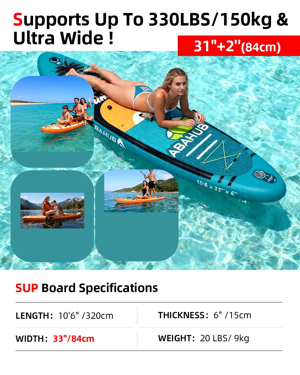 Abahub Inflatable SUP, Wide 10'6" x 31"/34" iSUP, Orange Standup Paddleboard with Adjustable SUP Kayak Paddle, for Yoga, Paddle Board, Kayaking, Surf, Canoe, Fishing