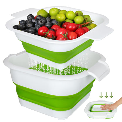 ROTTOGOON Collapsible Colander Set with Strainer Bowl, 2 in 1 Fruit Washing Basket with Strainer, 5 + 3 QT Plastic Colanders for Kitchen, Foldable Double Layered Colanders Bowl for Vegetable, Grey