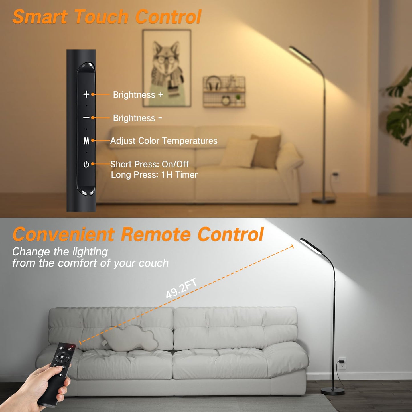 OUTON LED Floor Lamp 15W 1500LM, Dimmable Adjustable Modern Standing Light with 4 Color Temperature, Remote & Touch Control, 1 Hour Timer for Reading Living Room Bedroom Office Sewing (Black)