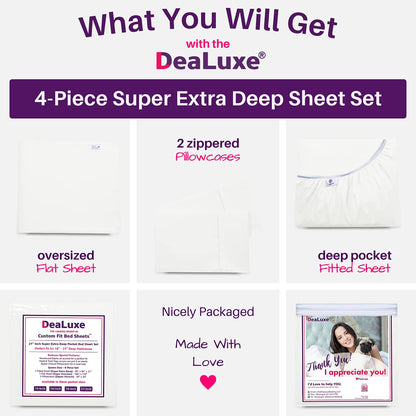 Extra Deep Pocket King Size Sheets – 21” King Sheet Sets Deep Pocket – [4 Piece Set] King Bed Sheets Oversize Flat Sheet, Fitted Sheet, 2 Zippered Pillowcases – 18”–23” Deep Pocket King Sheets – White