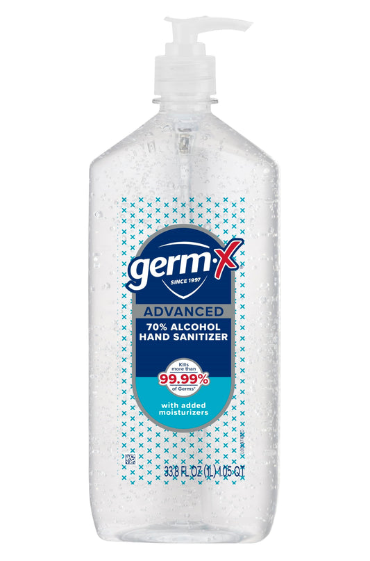 Germ-X Advanced Hand Sanitizer, Non-Drying Moisturizing Clear Gel, Instant and No Rinse Formula, Large Family Size Pump Bottle, Back to School Supplies, 34 Fl Oz (1 Liter)