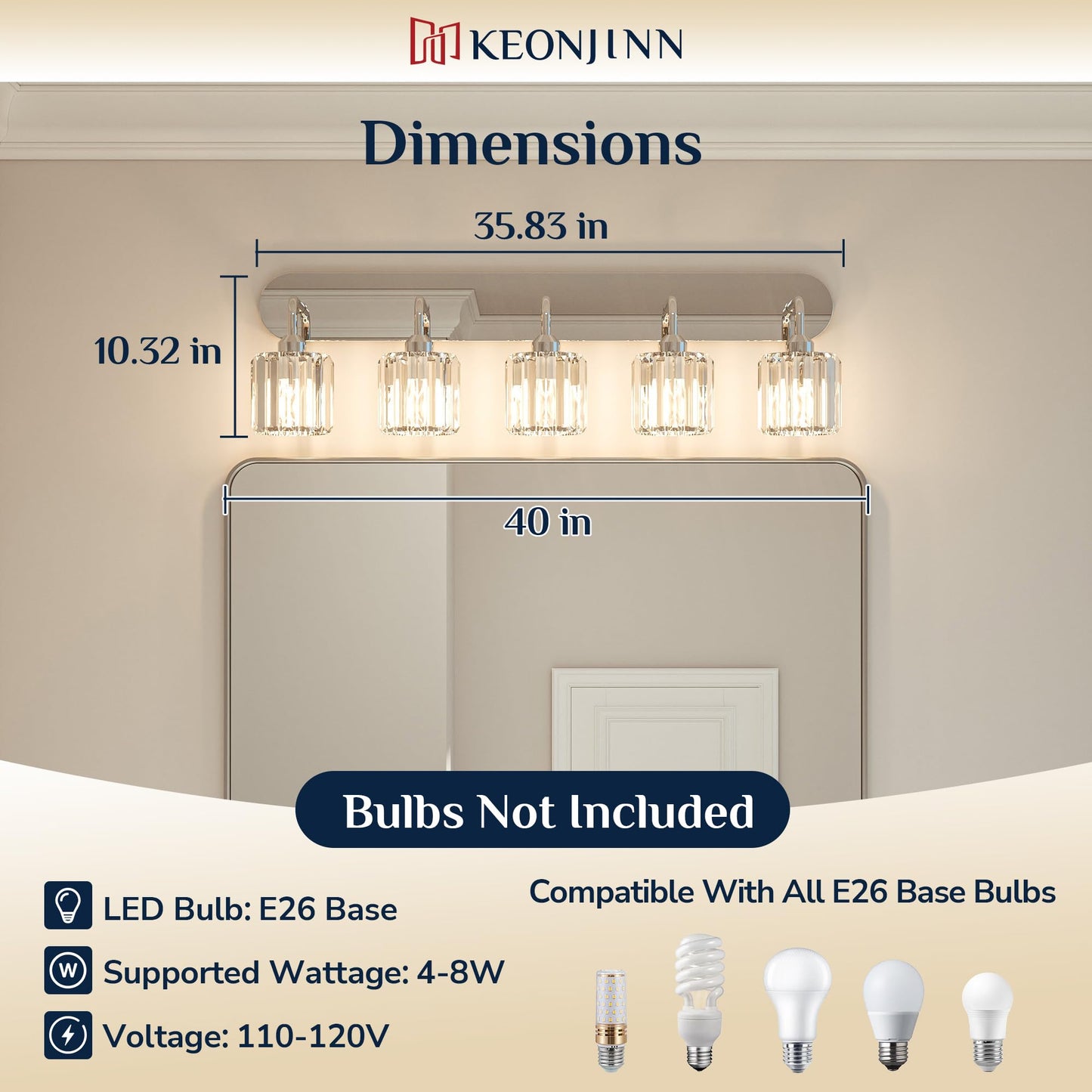 Keonjinn 5-Light Bathroom Light Fixtures, Crystal Chrome Bathroom Vanity Lights Over Mirror, Vanity Lighting Fixtures with Crystal Square Shades (E26 Socket, Exclude Bulb)