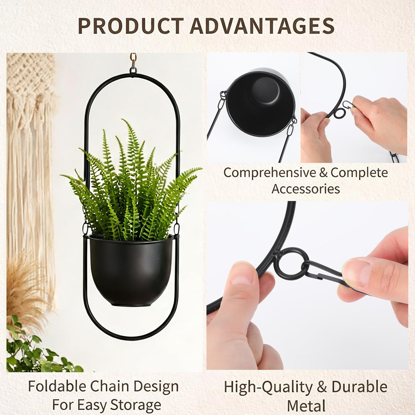 Fumete 2 Set Black Hanging Planters with Chains Metal Plant Hanger Wall Mounted Iron Flower Pot Holder for Indoor Outdoor Plants, Planting Ivy and Fern for Window Porch Balcony and Home Decor