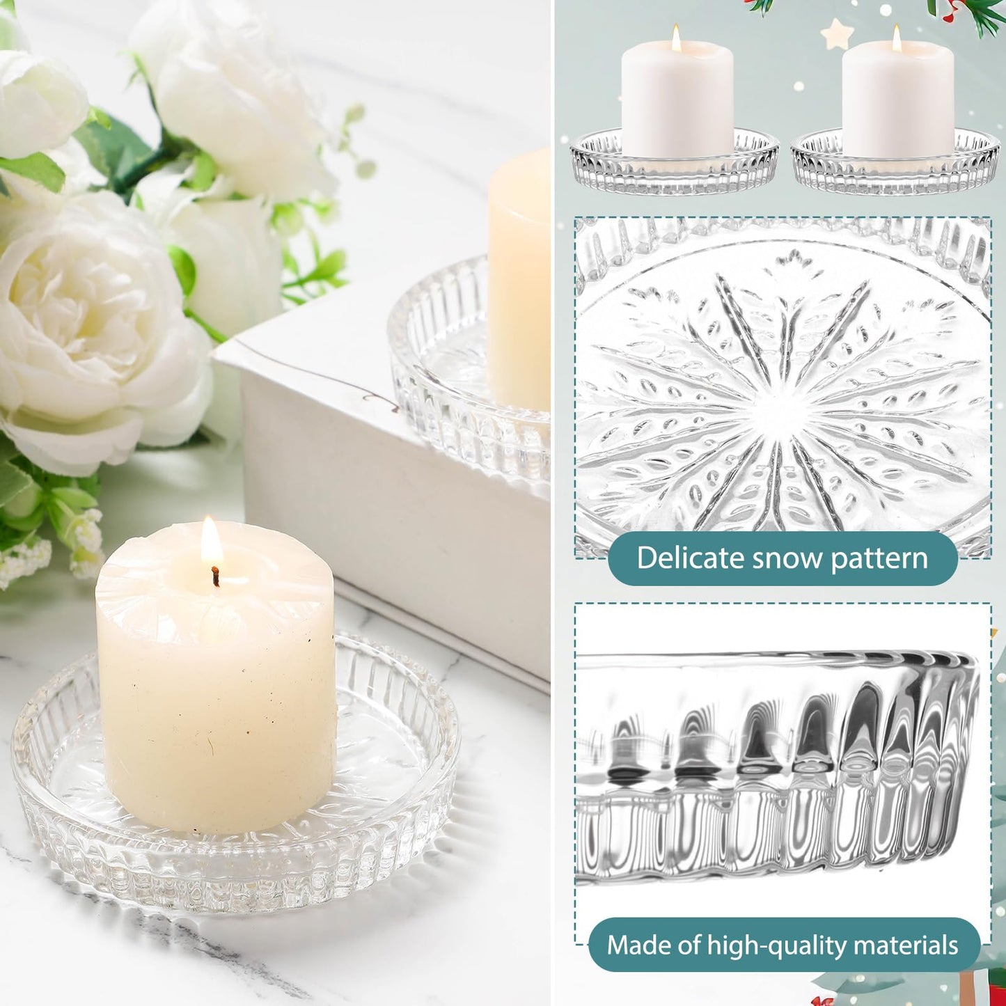 Ferrochef 6 Pcs Round Glass Candle Holder, 3.74 Inch Clear Winter Snowflake Candle Plate Crystal Votive Candles Coasters for Christmas Winter Weddings Party Holiday Birthday Home Table Decor