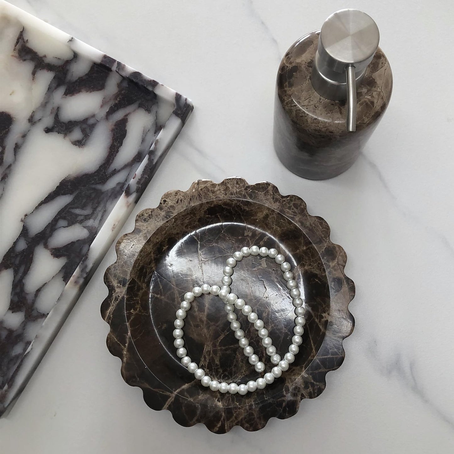 SAIDKOCC Marble Tray Round Scalloped Tray Small Serving Platter for Counter, Bathroom, Kitchen, Nightstand, Jewelry Ring Dish Holder (Coffee Net)