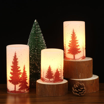 Wondise Flickering Flameless Candles with Timer, Battery Operated Real Wax Warm Light Red Christmas Tree Decal Candle for Home Decoration Christmas Gifts, Set of 3(D3 x H4/5/6 Inch)