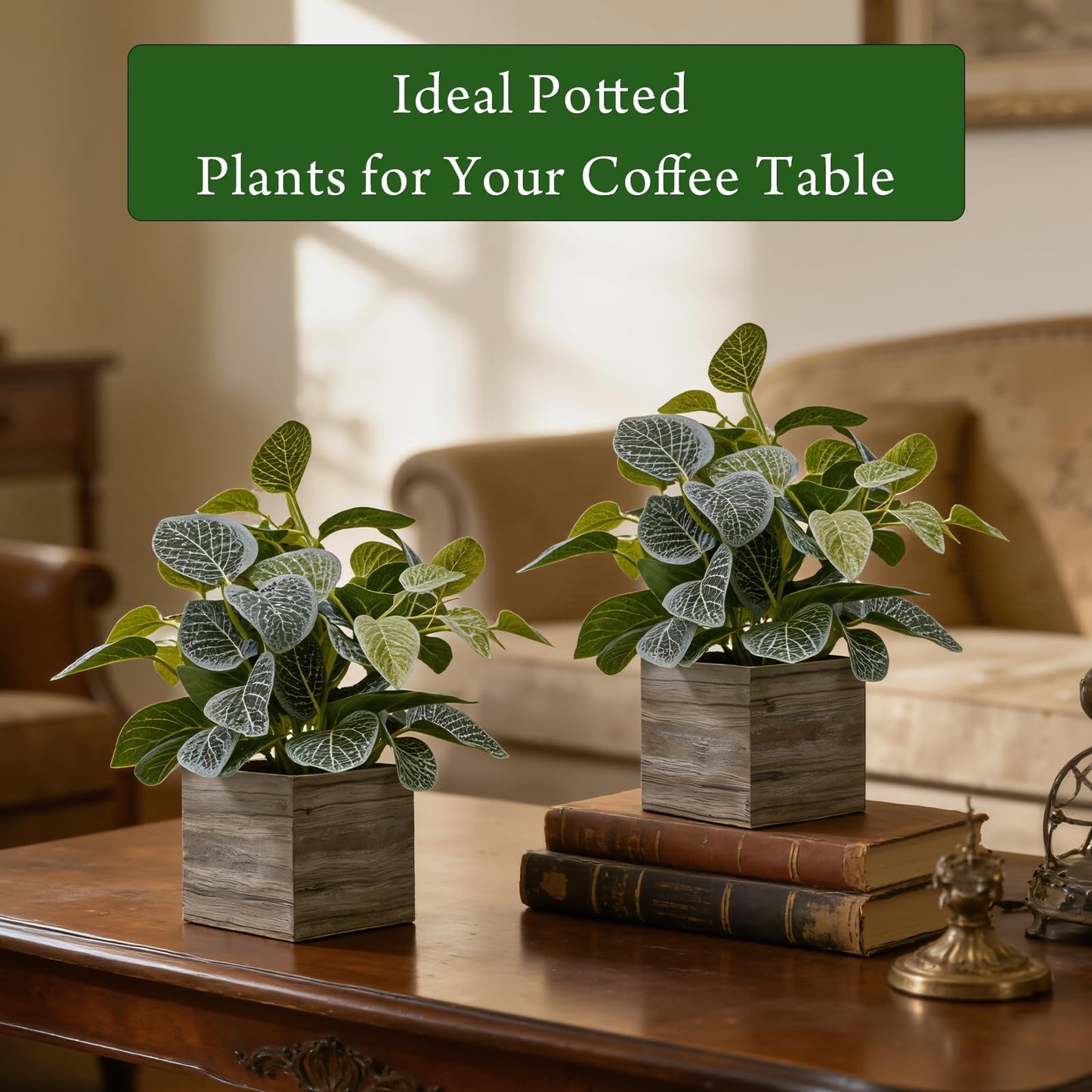 Nztze 2 Pack 12" Medium Eucalyptus Fake Plants, Artificial Plants Indoor with 4 Inch Wooden Planters, Faux Potted Plants for Home Decor, Desk, Shelves, Desktop, Coffee Table, Bedroom