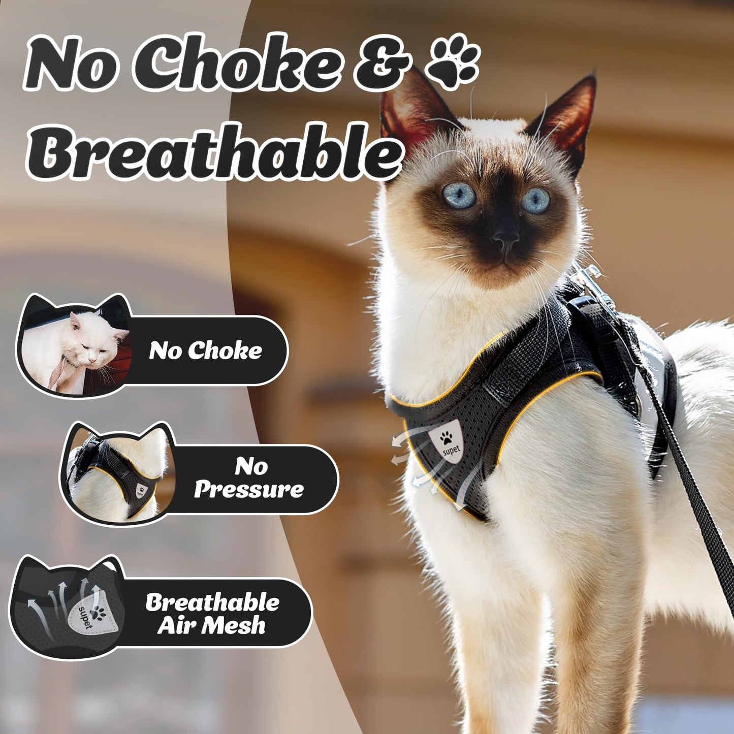 Supet Cat Harness and Leash Set - Soft Mesh Adjustable Cat Vest Harness with Reflective Strap for Walking Cat and Puppy Rabbit