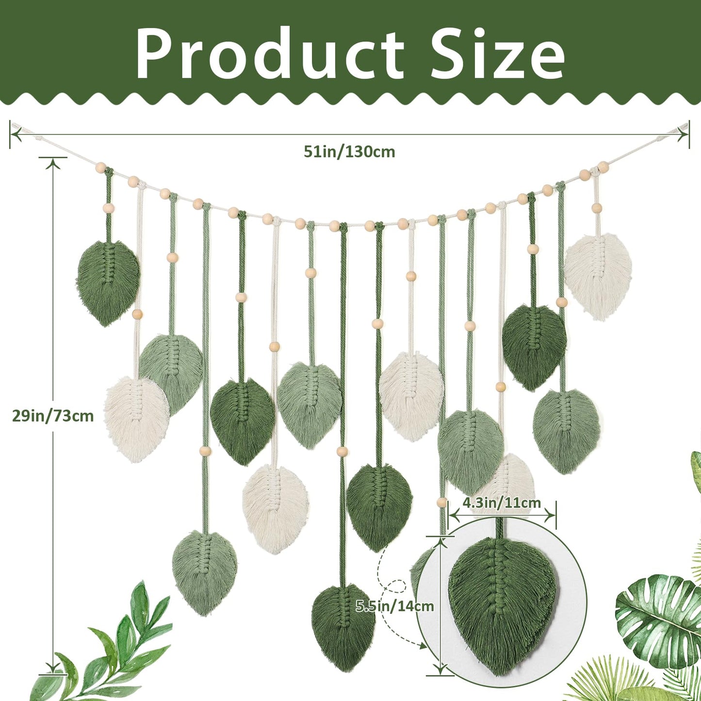 Betylifoy Macrame Wall Hanging Large Macrame Leaves Tapestry Wall Hanging Decoration Boho Handmade Woven Leaf Feather Wall Art Decor for Nursery Bedroom Living Room Office Christmas Thanksgiving Decor, 29 X 51 Inch (Green)