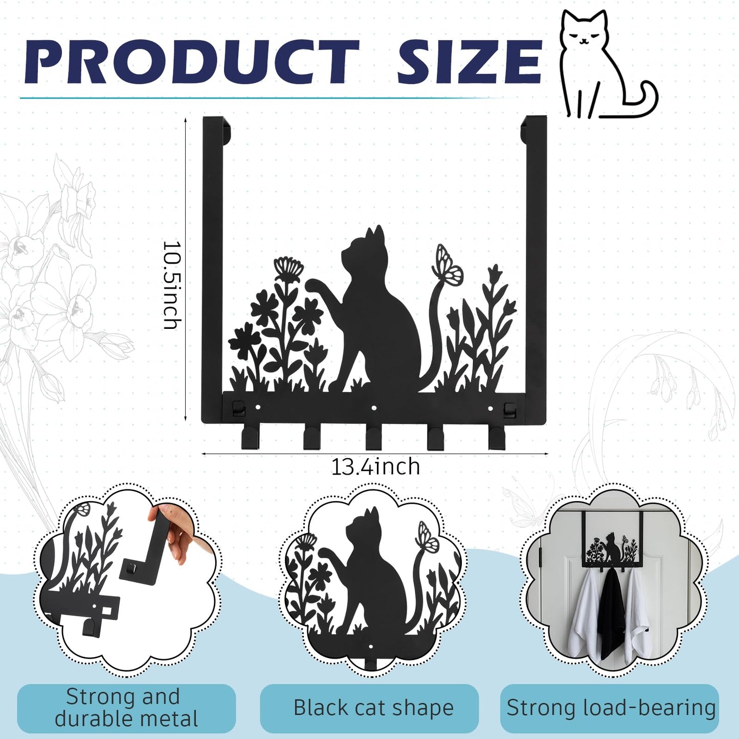 Reallnaive Black Cat Over The Door Hooks Gothic Bathroom Decor Hanger Wall Mount Rack Holder for Towel, Hat, Coat, Cloth, Keychain, Bag, Christmas Gift for Cat Lovers