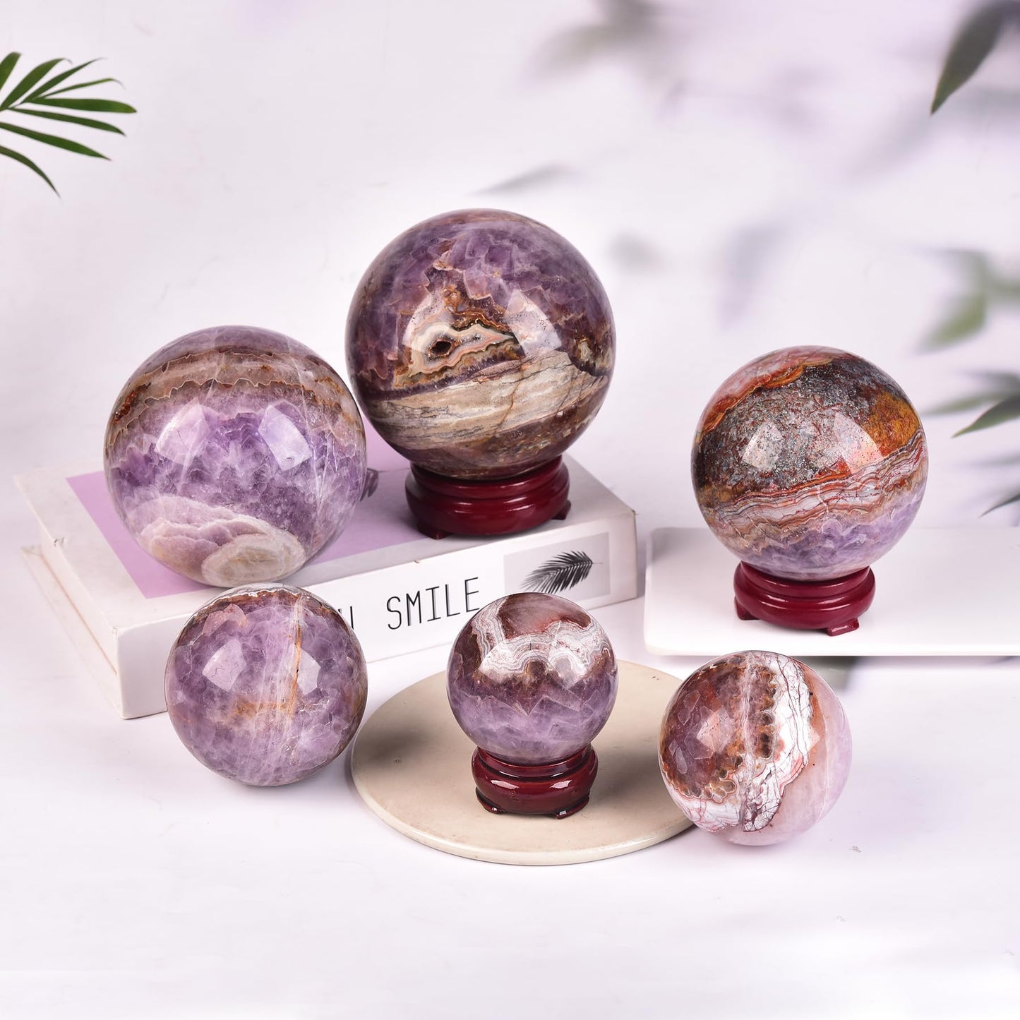 JIC Gem Amethyst Agate Crystal Ball with Wooden Stand Pink Healing Crystal Sphere Ball for Feng Shui Decor Spiritual Gifts 60-70mm
