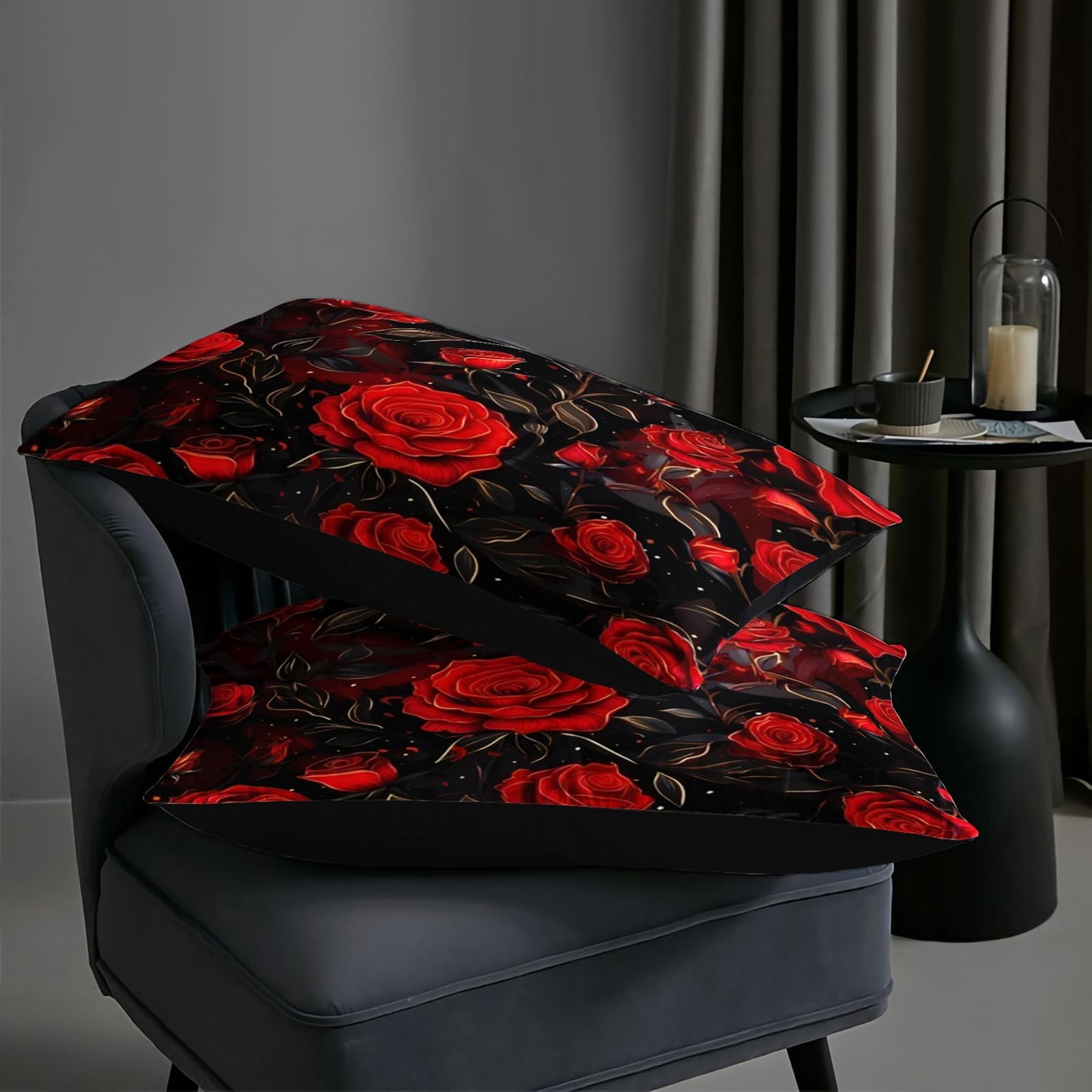 AILONEN Crimson Rose Twin Comforter Set 3 Piece, Black Floral Bedding, Gold Vine Dark Garden Print, Dorm Bedroom, 2 Pillowcases