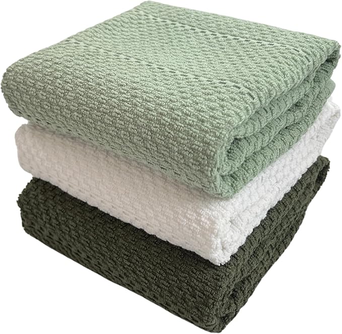 Sage White Dark Green Kitchen Hand Dish Towels: Oversized 28" x 18", 100%