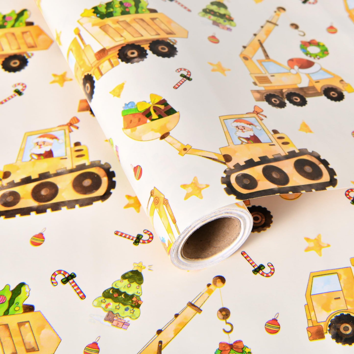 Titiweet Construction Christmas Wrapping Paper - 17" x 16.4 ft - Christmas Truck with Santa, Trees Gift Wrap for Kids Boys(Construction)