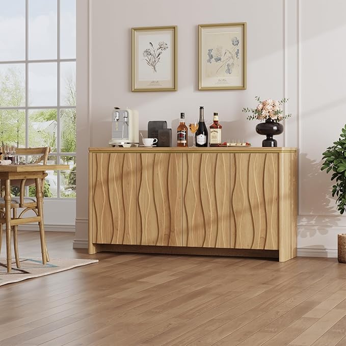Fluted Cabinet with 3D Ripple Doors, 57.9" W Storage Cabinet with Adjustable