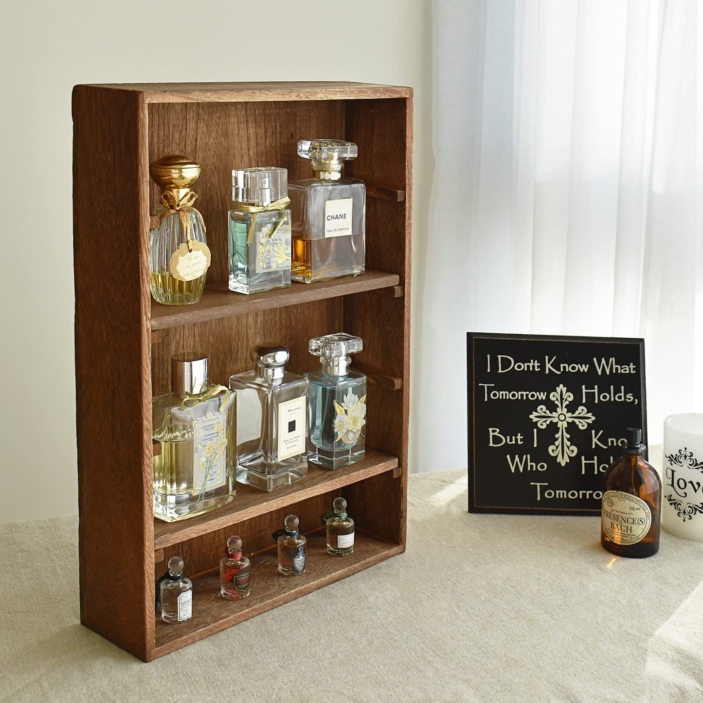 Ikee Design Wooden Wall-Mounted Display Shelves Rack for Collectibles-Figures,Shot Glasses,Spice Can,Cosmetics or Perfume-5 Adjustable Height Shelves,Space-Saving- Brown Color