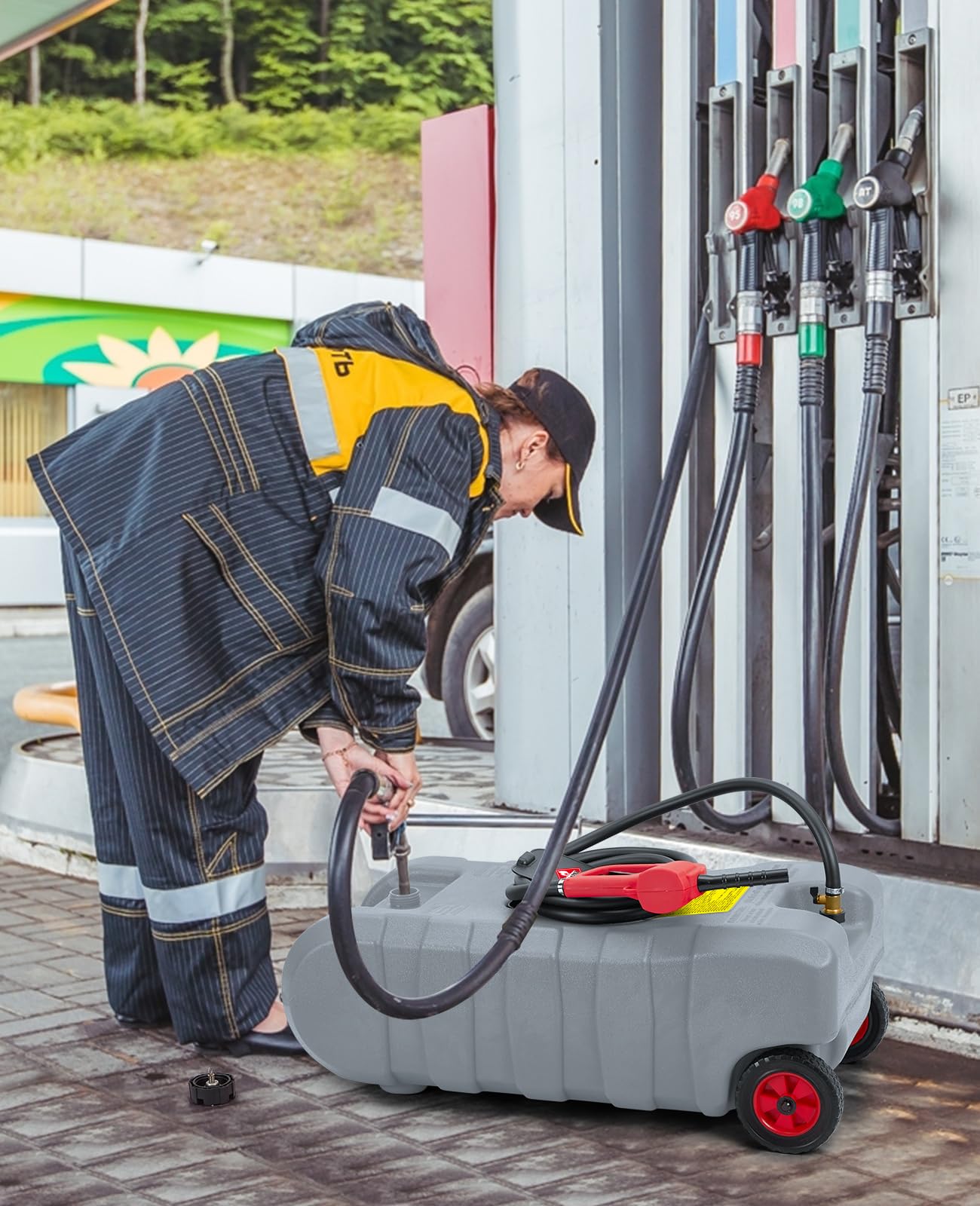 15 Gallon Gas Can with Manual Transfer Pump, Portable Fuel Caddy with Wheels & Carry Handle, 10 ft Hose, Heavy-Duty HDPE Fuel Transfer Tank for Gasoline Diesel Kerosene, Brass Shut-Off Valves, Gray