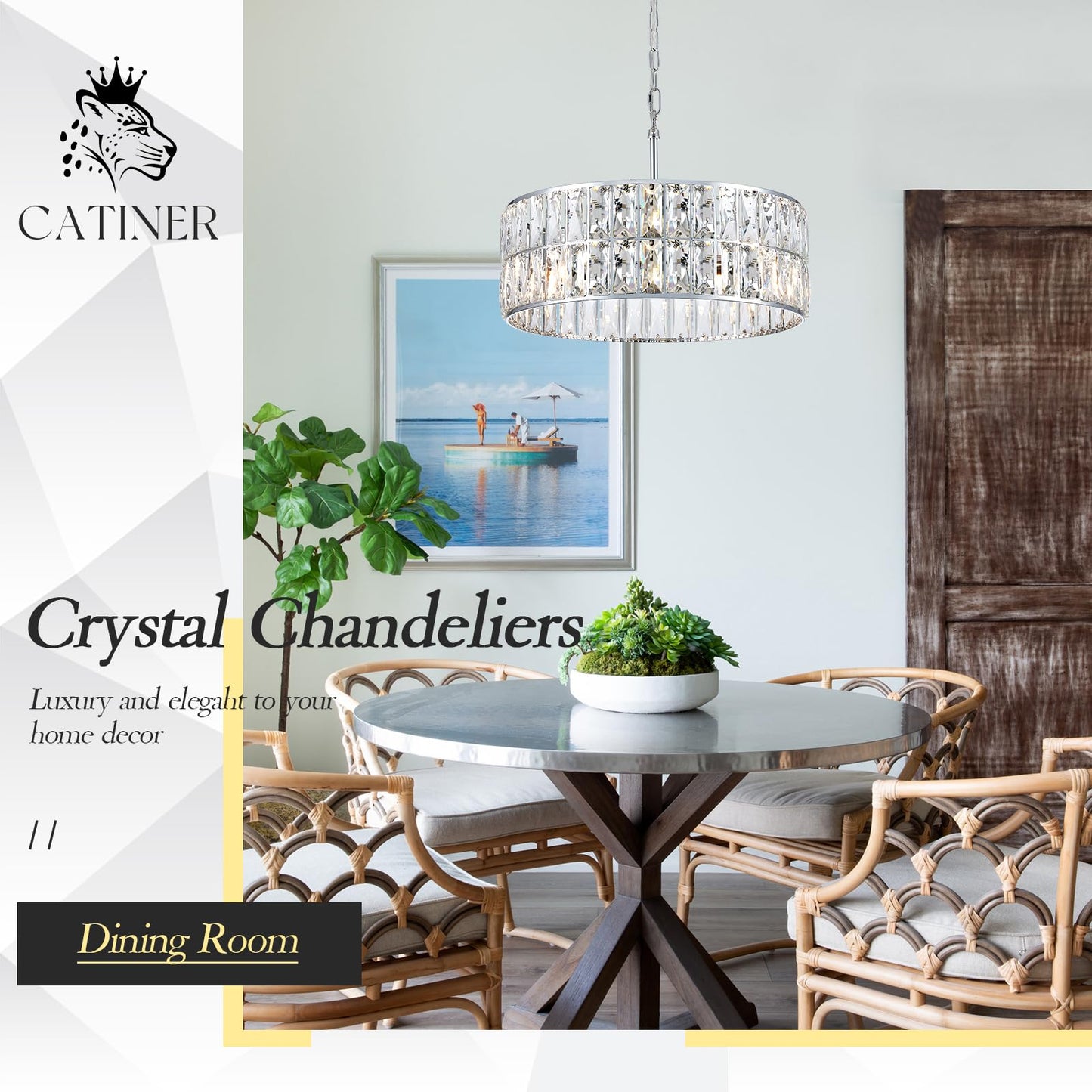 CATINER Modern Crystal Chandelier 18”Chrome Semi Flush Mount Ceiling Light Fixtures 6-Lights Drum Crystal Pendant Lighting for Dining Room Foyer Bedroom Living Room