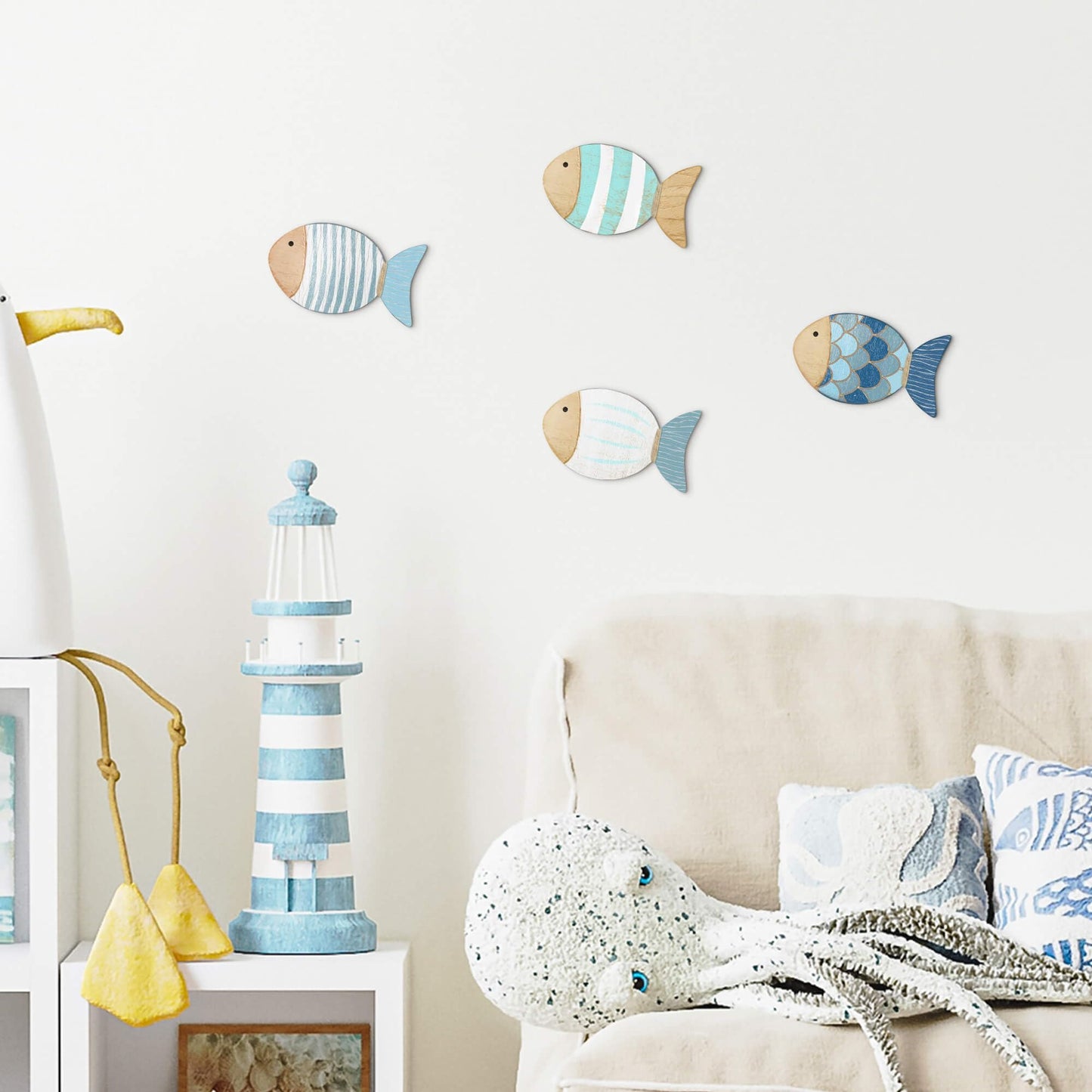 Putuo Decor 4 Pcs Wood Fish Wall Art, Nautical Beach Decor, Wooden Fish Hanging Sculptures, Blue (5.5 In)