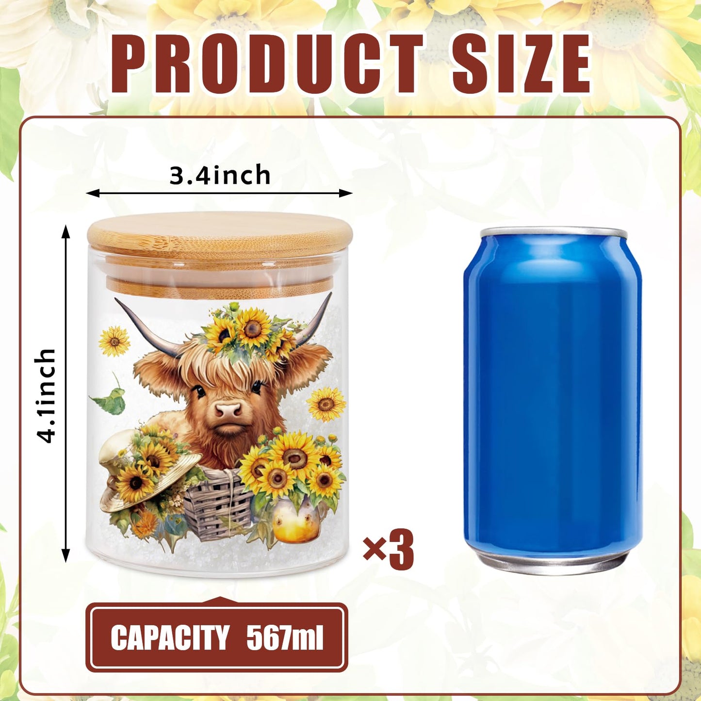 JarThenaAMCS 3Pcs Highland Cow Sunflower Glass Storage Jars With Airtight Lid Cattle Floral Decorative Canisters Sets for Cookie Spring Summer Farmhouse Home Kitchen Countertop