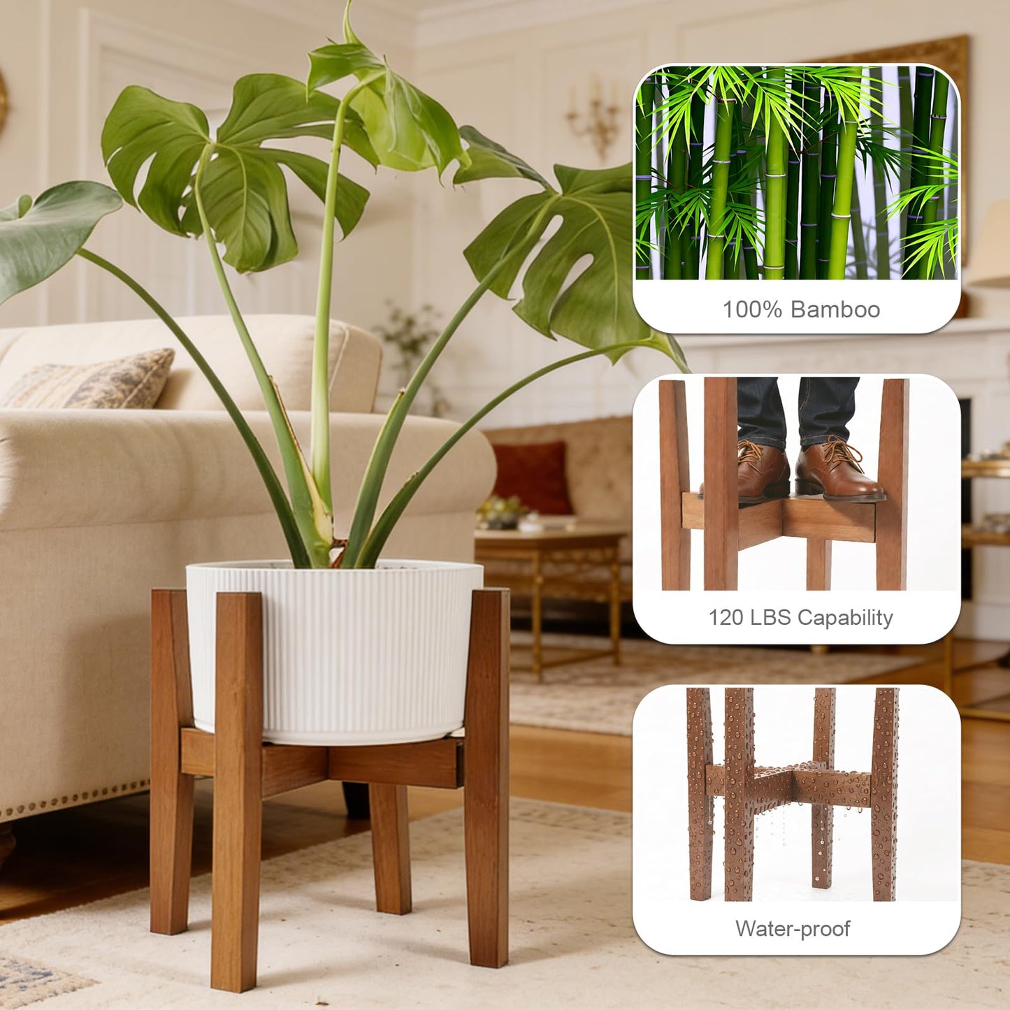 Lissomballon Natural Bamboo Plant Stand Indoor, Adjustable Plant Shelf Indoor Fits 8-12 Inch Pots, Mid Century Modern Decor to Refresh Your Space(Pot & Plant Not Included)