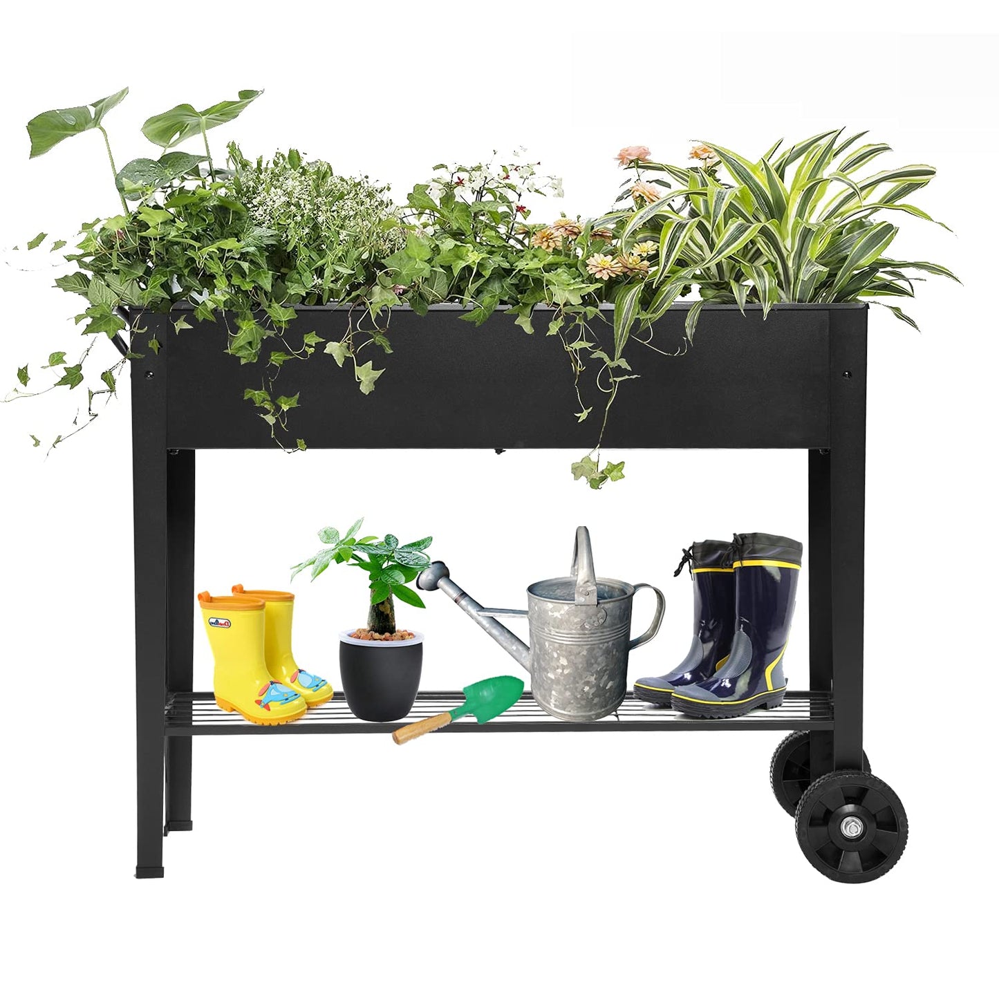 VEOAY Piksedo Raised Garden Bed, Elevated Planter Metal Plant Box with Wheels with Legs Standing Garden Stand Drainage Holes Frosted Black
