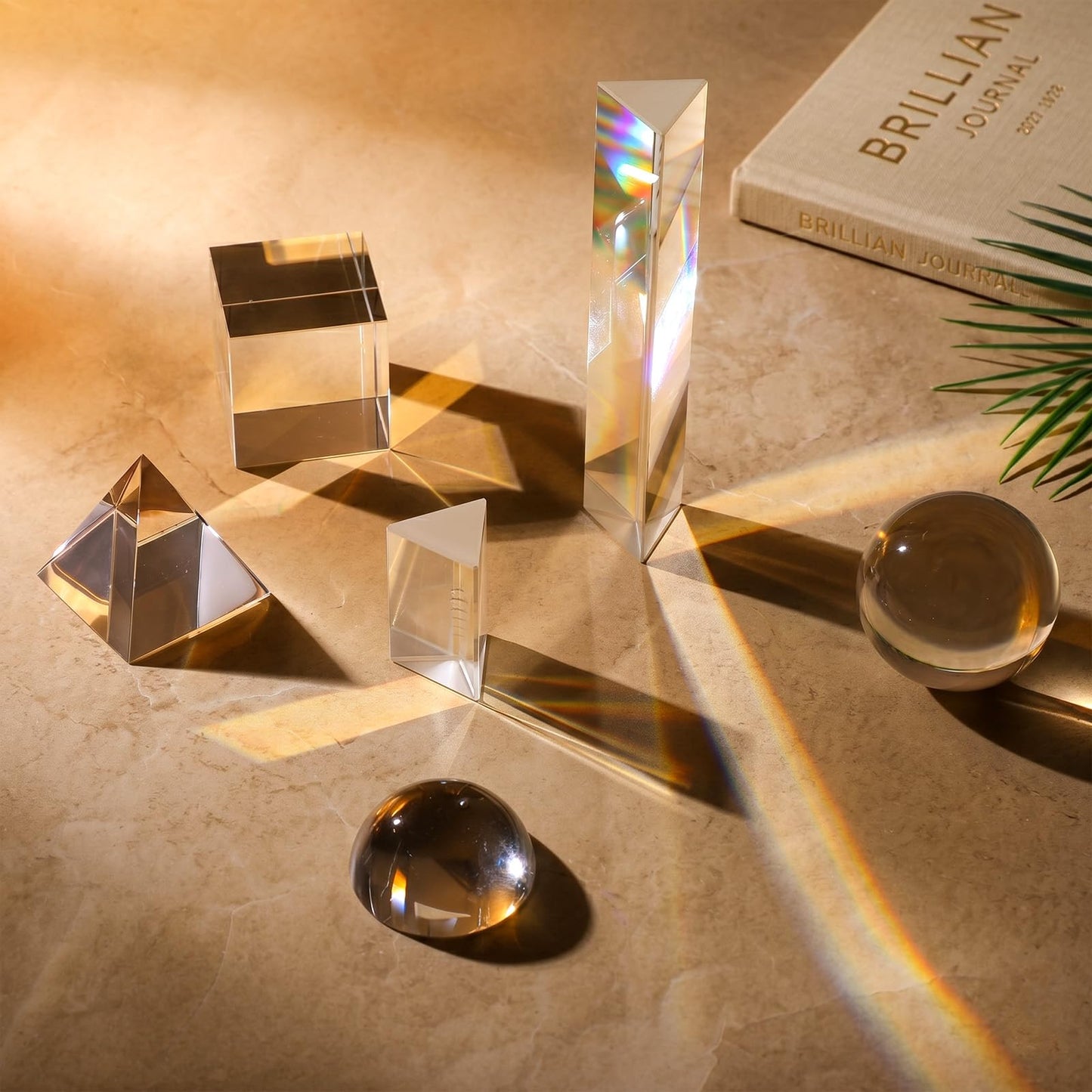 6 Pack K9 Optical Crystal Photography Prism Set Include 50mm and 150mm Clear Triangular Prism 50mm Lens Ball, Cube,Optical Pyramid and 60mm Dome Magnifying for Photography Effects Physics Optics