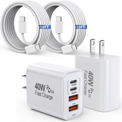 10FT iPhone 17 16 15 Pro Charger,2Pack 10Foot USB C to C Woven Cable Cord 40W USB C Apple Charger 4 Port PD&AC Charge Block Fast Charging for iPhone 17 Air/17 16 15 Pro Max/16e/16 Plus/15/15 Pro/iPad