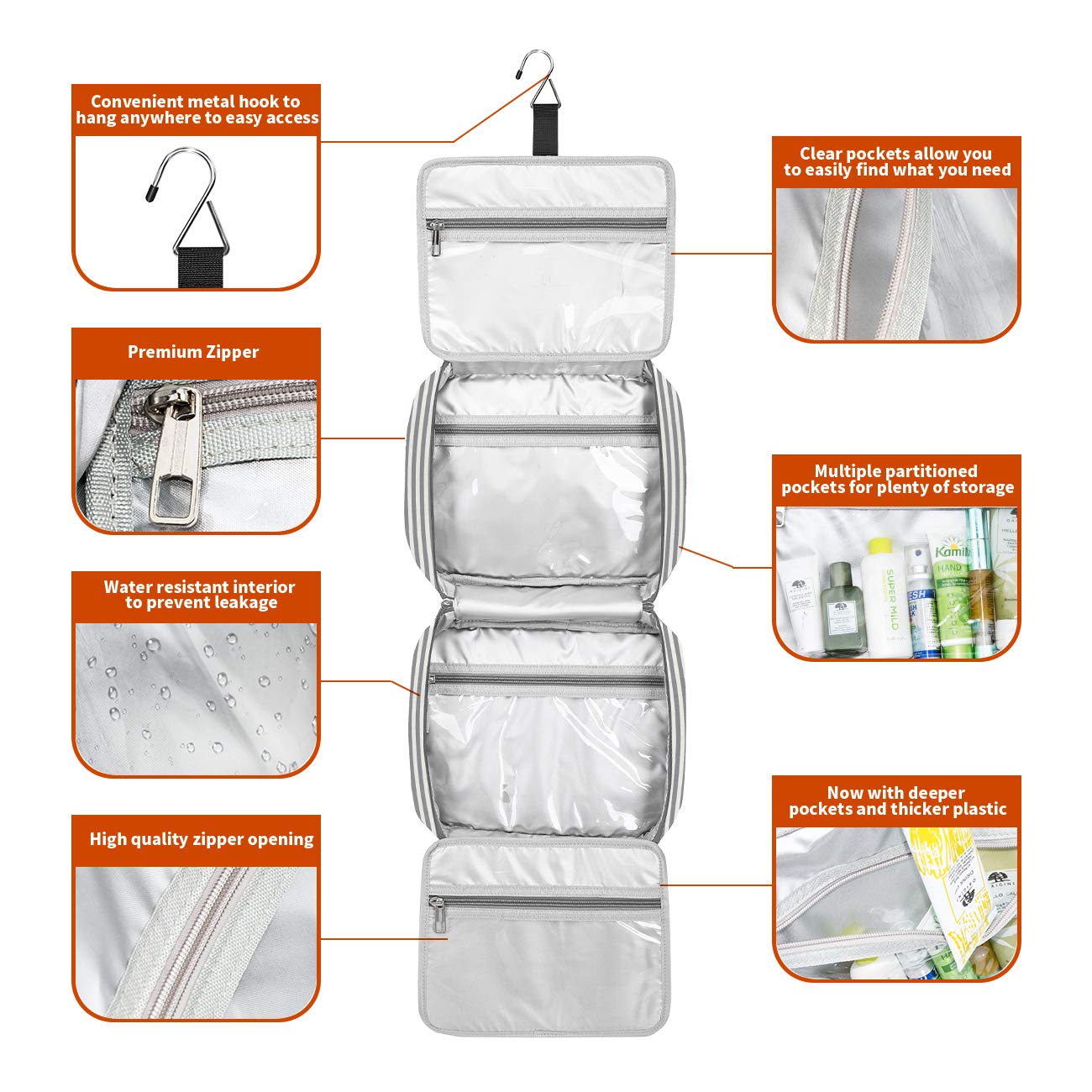 Hanging Travel Toiletry Bag, Large Capacity Wash Bag Waterproof Cosmetic Bag Makeup Organizer with 4 Compartments & 1 Sturdy Hook for Women/Men