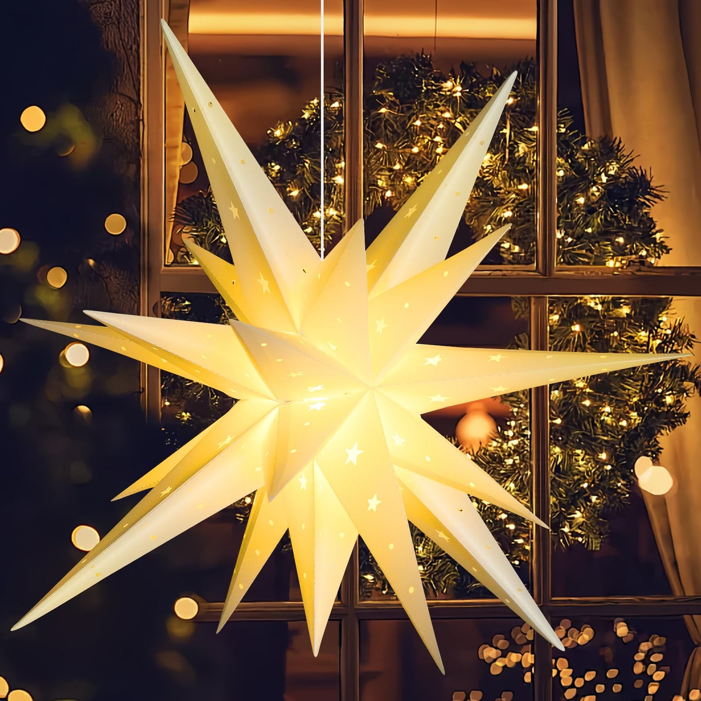SUNBEAUTY 21 Inches White Large Moravian Stars Outdoor Light Warm White LED Hanging Star Lights 3D Christmas Tree Topper Star for Holiday Wedding Birthday Porch Party Decor