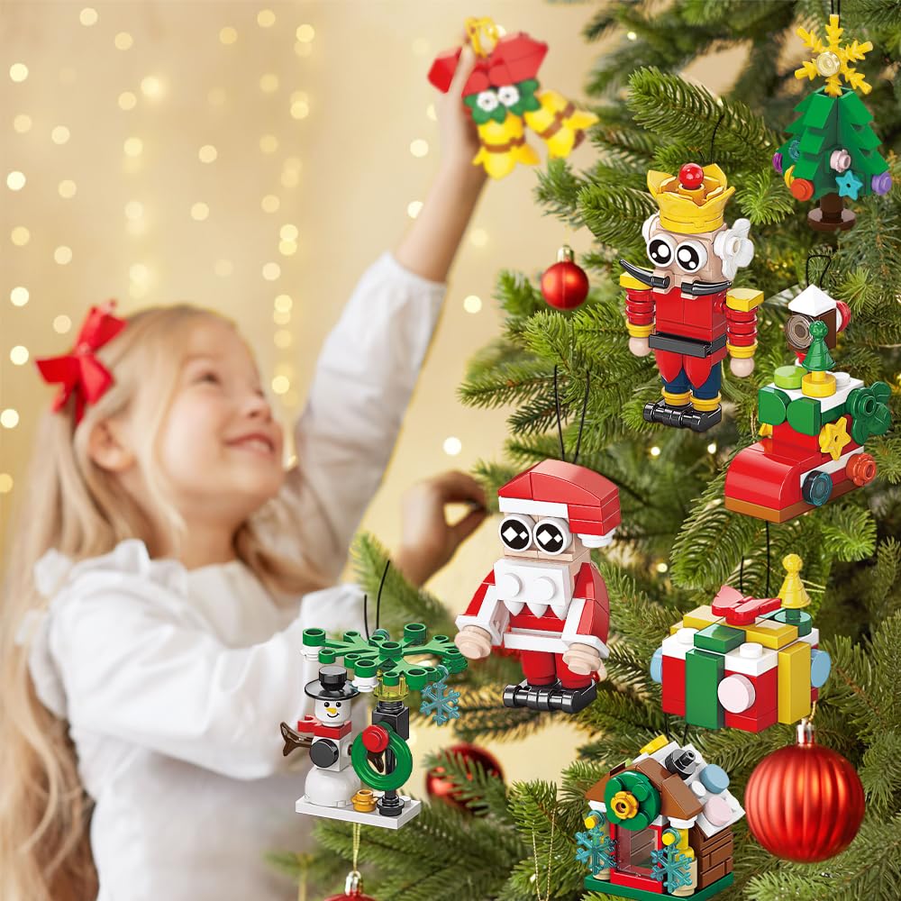 JOICEE Christmas Ornaments Building Blocks, 18 Pack Xmas Tree Ornaments Building Sets with Strings Hanging Decoration Toys for Kids Holiday Party Favors Gifts Stocking Stuffers